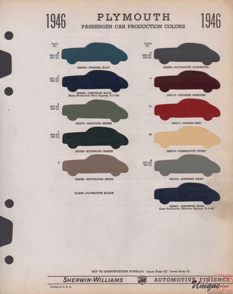 1946 Plymouth Paint Charts Williams 1